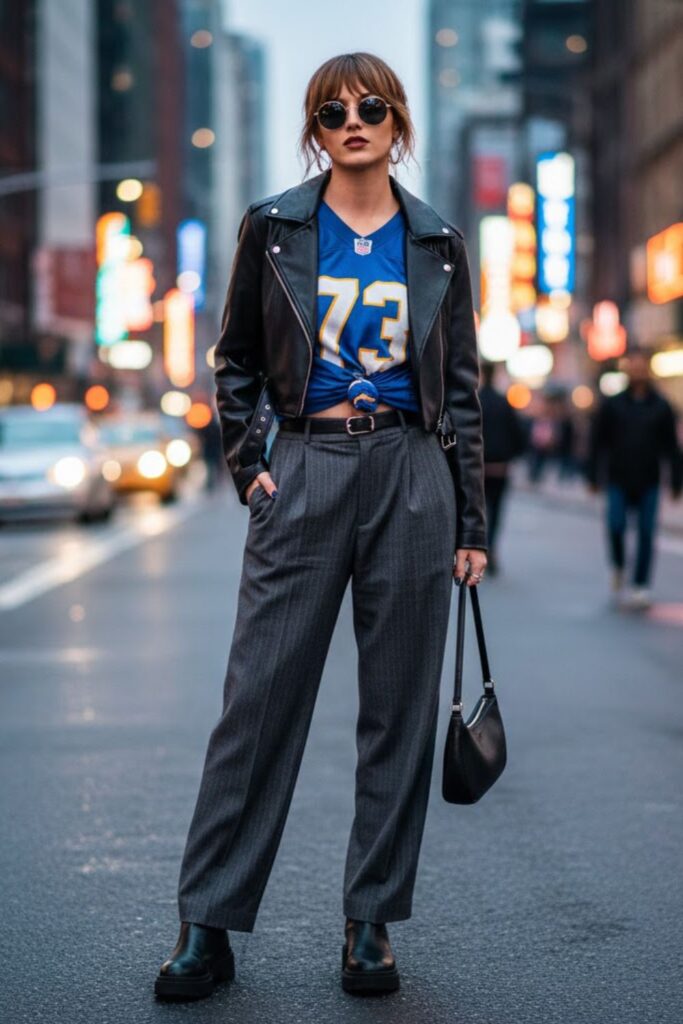 14. vintage jersey outfit with cropped jacket and high-waist pants