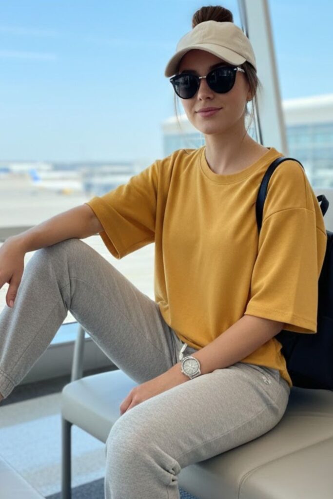14. yellow jersey outfit with joggers and slip‑ons