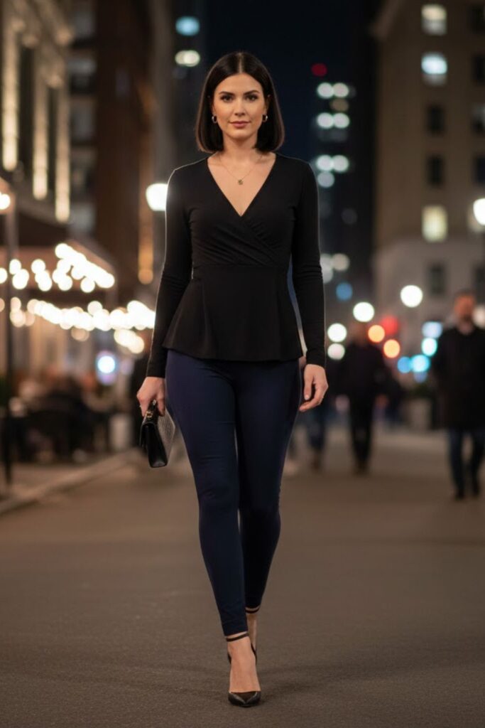 15. Navy Blue Leggings with Wrap Top and Heels