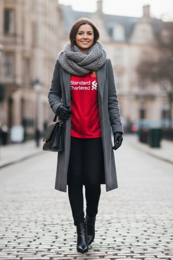 15. liverpool jersey outfit with scarf and coat