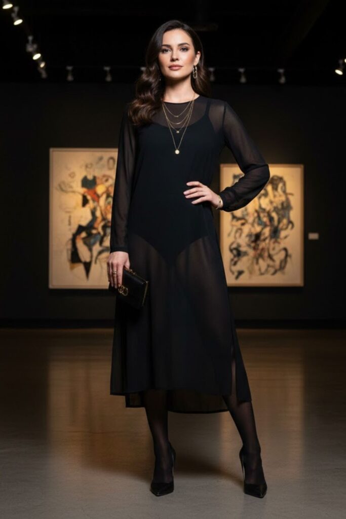 15. see thru leggings outfit with longline tunic and heels