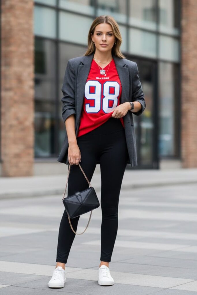 15. sports jersey outfit with blazer and leggings