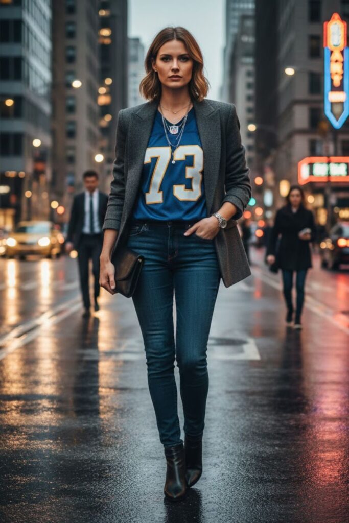 15. vintage jersey outfit with blazer and skinny jeans