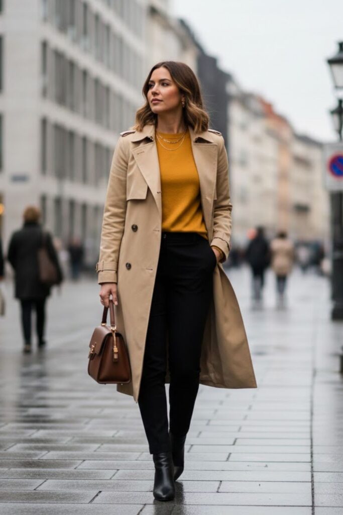 15. yellow jersey outfit with trench coat and boots