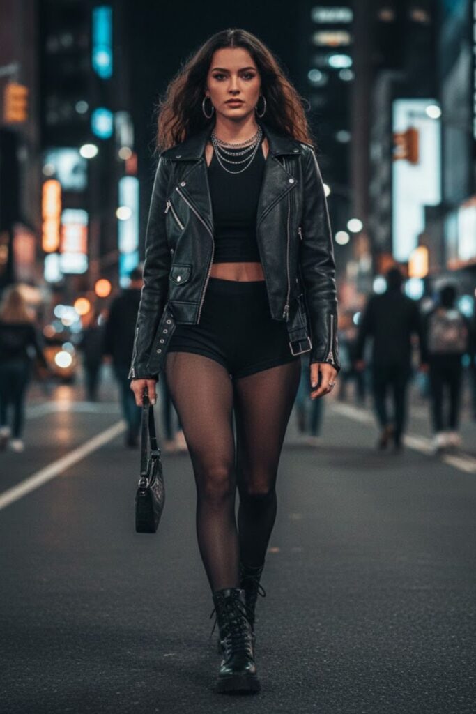 2. see thru leggings outfit with crop top and biker jacket