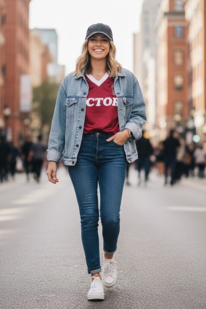 2. vintage jersey outfit with denim jacket and jeans