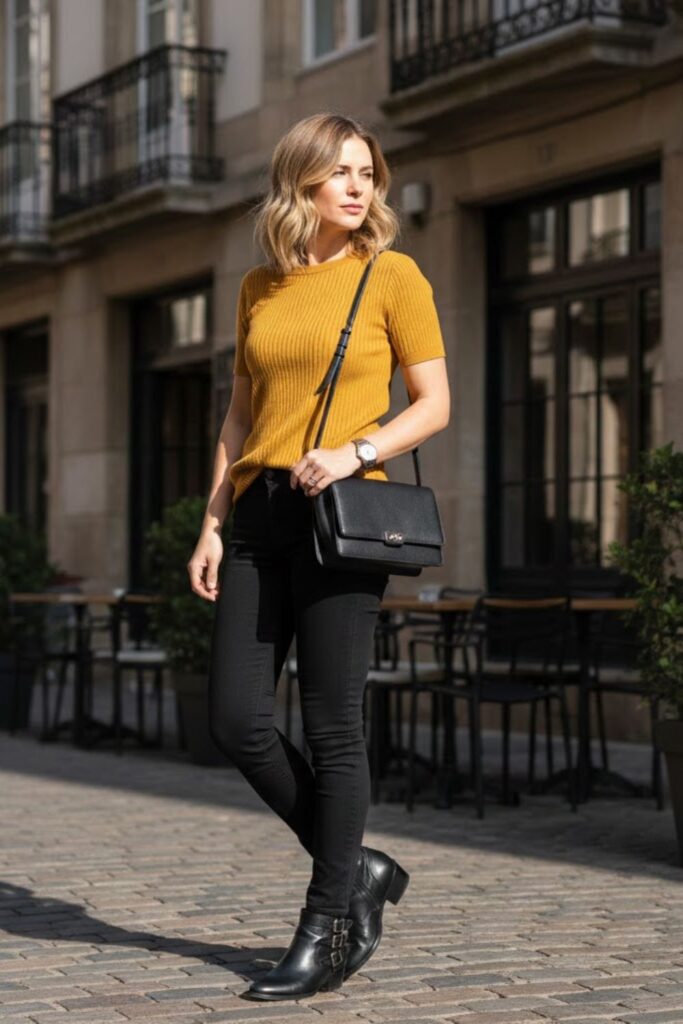 2. yellow jersey outfit with black skinny jeans and ankle boots