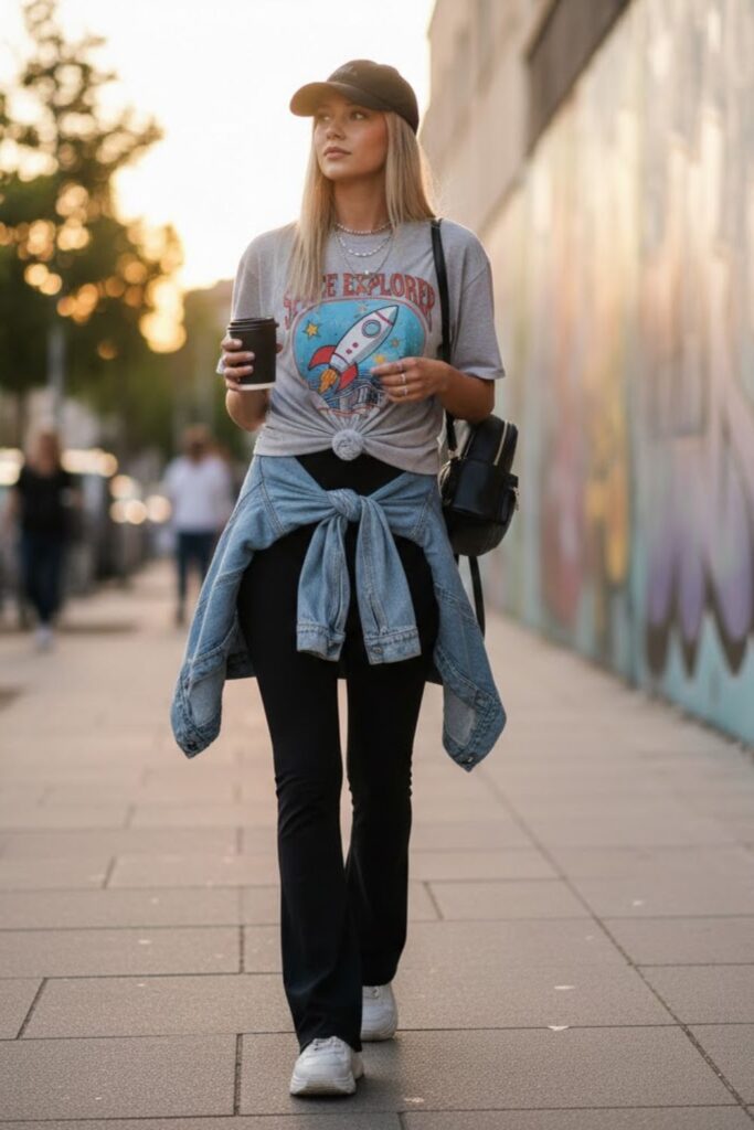 3. Black Flared Leggings with Graphic T-Shirt
