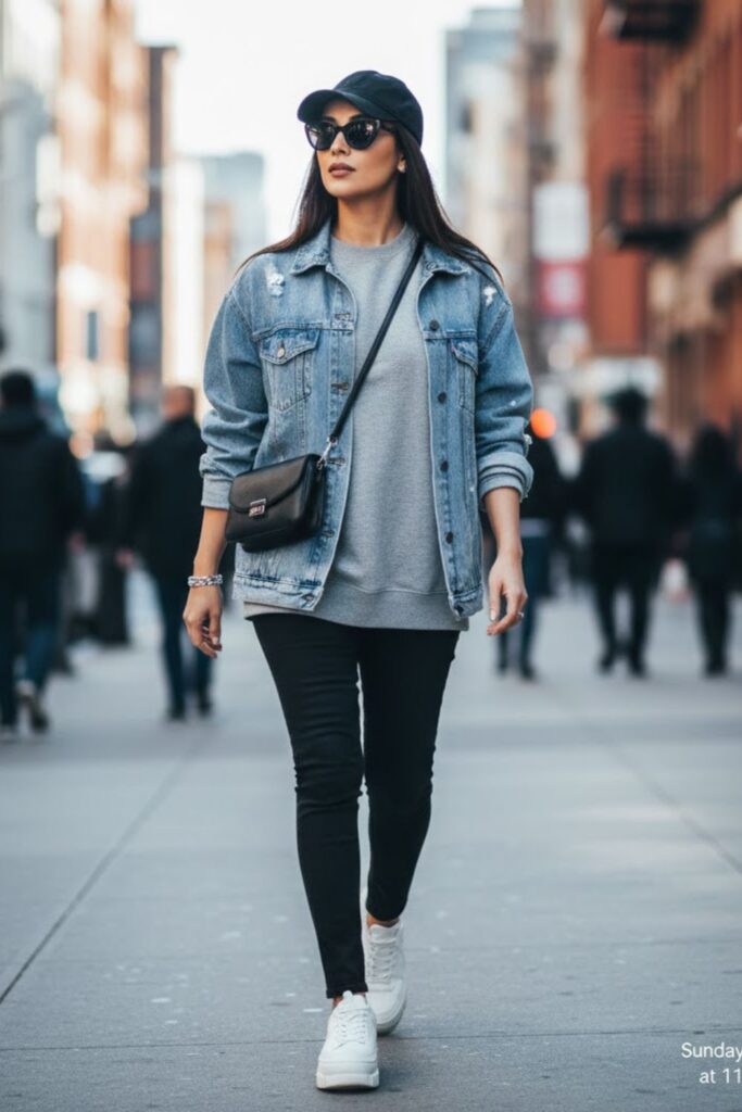 3. Grey Jersey with Oversized Denim Jacket