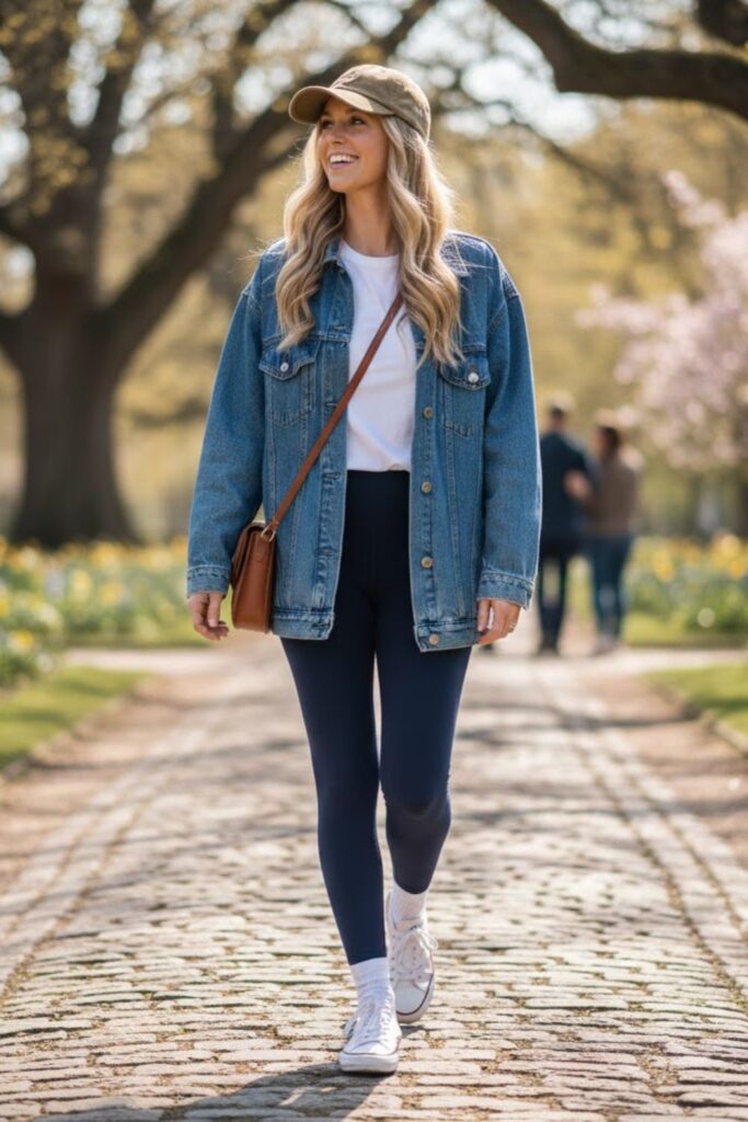 3. Navy Blue Leggings with Denim Jacket and Tee