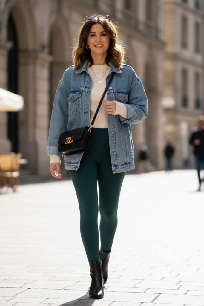 3. green leggings outfit with denim jacket and ankle boots