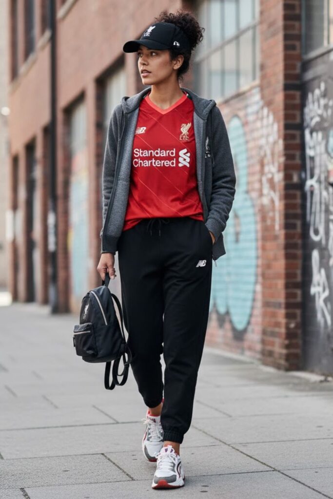 3. liverpool jersey outfit with joggers and trainers