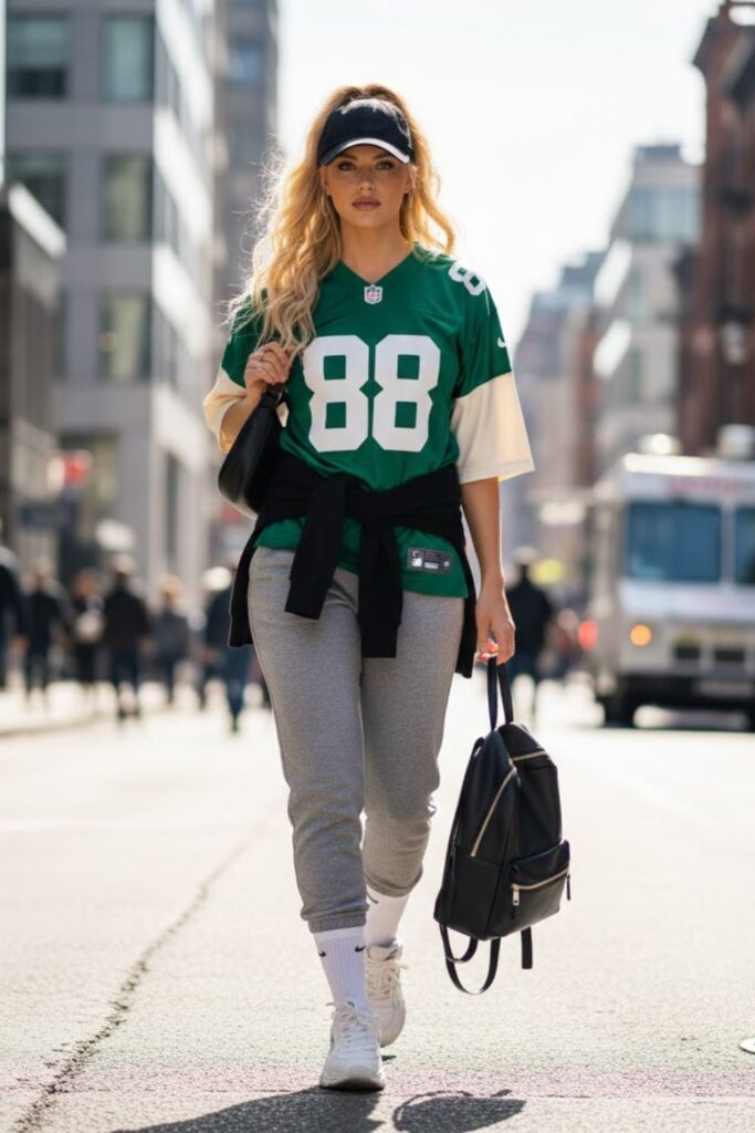 3. sports jersey outfit with joggers and trainers