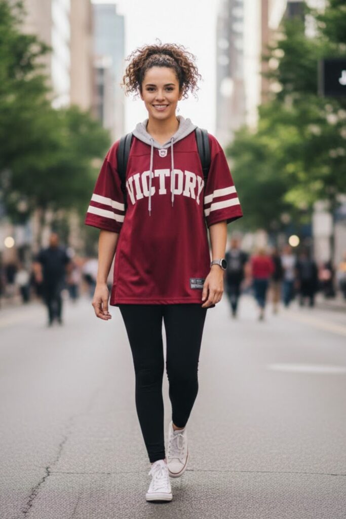 3. vintage jersey outfit with leggings and high-top sneakers