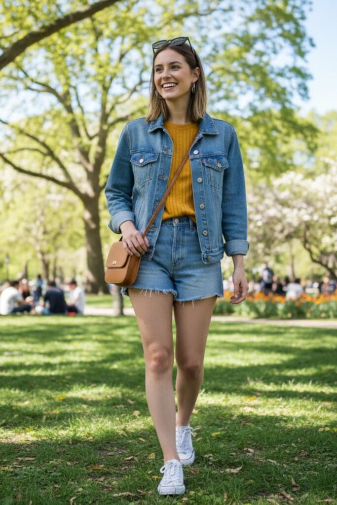 3. yellow jersey outfit with denim jacket and shorts