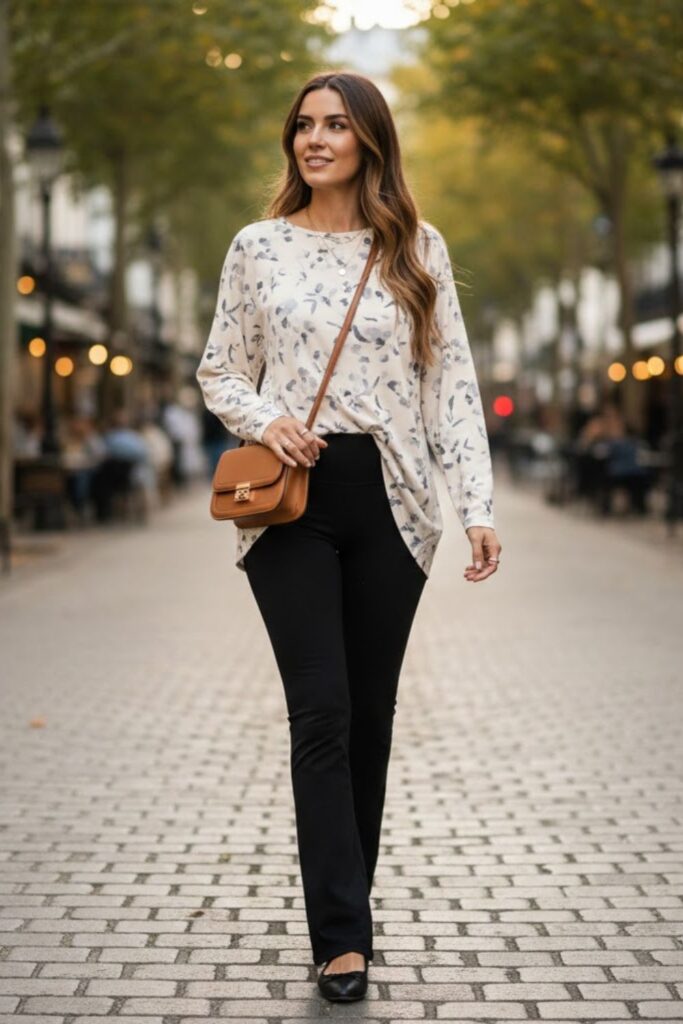 4. Black Flared Leggings with Tunic Top