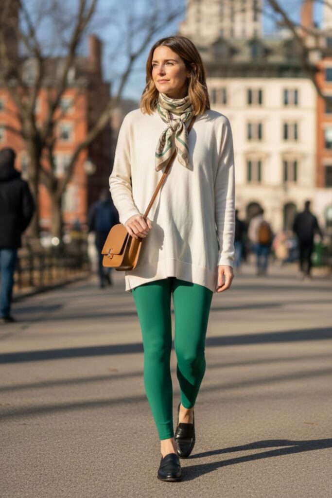 4. green leggings outfit with tunic top and flats