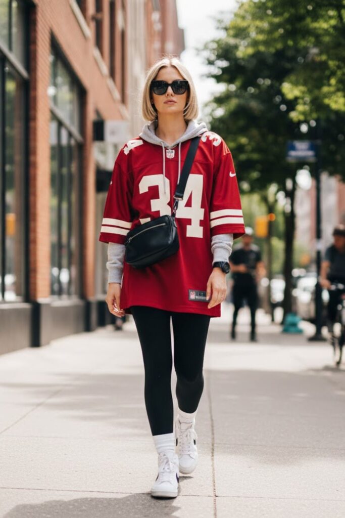 4. sports jersey outfit with leggings and high-top sneakers