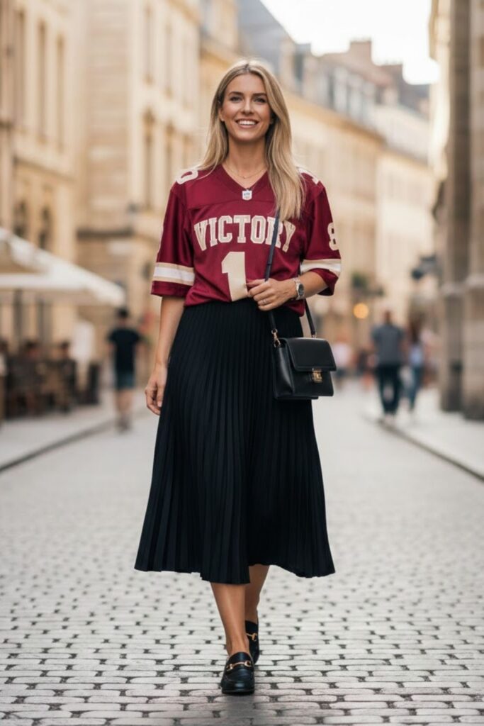 4. vintage jersey outfit with pleated skirt and loafers