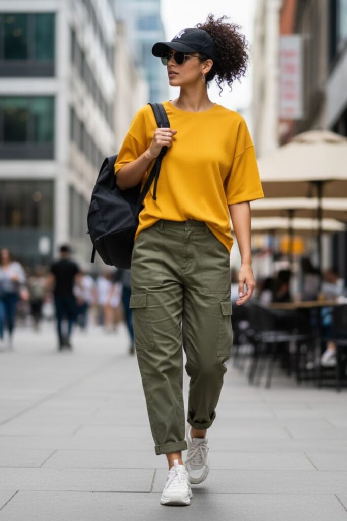4. yellow jersey outfit with cargo pants and trainers