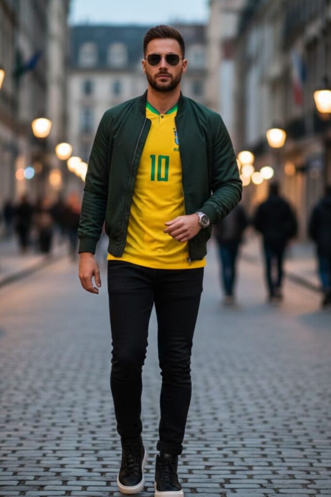 5. Brazil Jersey Outfit with Bomber Jacket