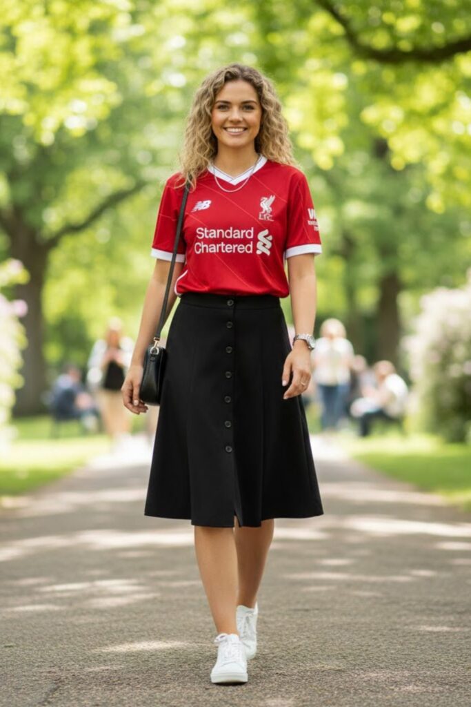 5. liverpool jersey outfit with skirt and sneakers