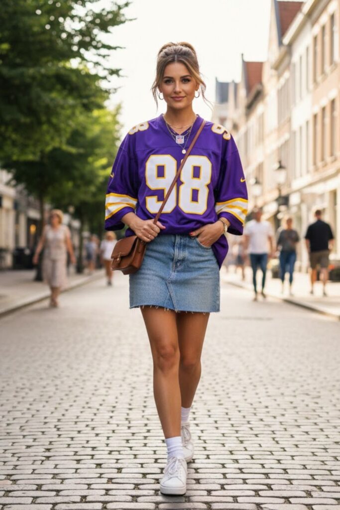 5. sports jersey outfit with skirt and sneakers
