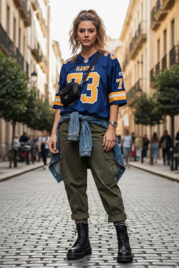 5. vintage jersey outfit with cargo pants and boots