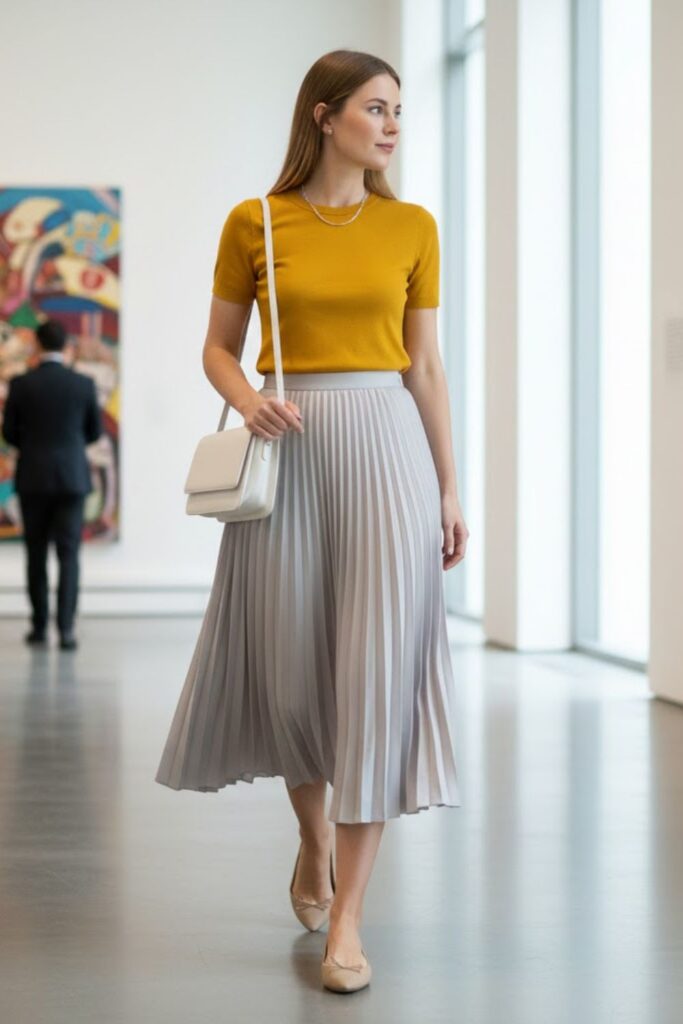 5. yellow jersey outfit with pleated skirt and flats