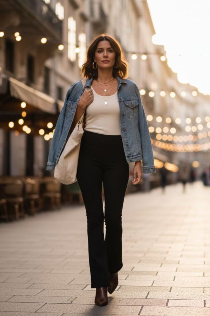 6. Black Flared Leggings with Denim Jacket