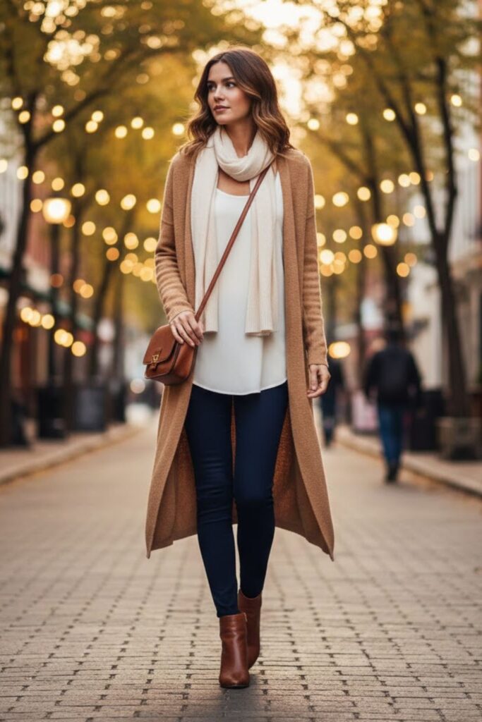 6. Navy Blue Leggings with Longline Cardigan