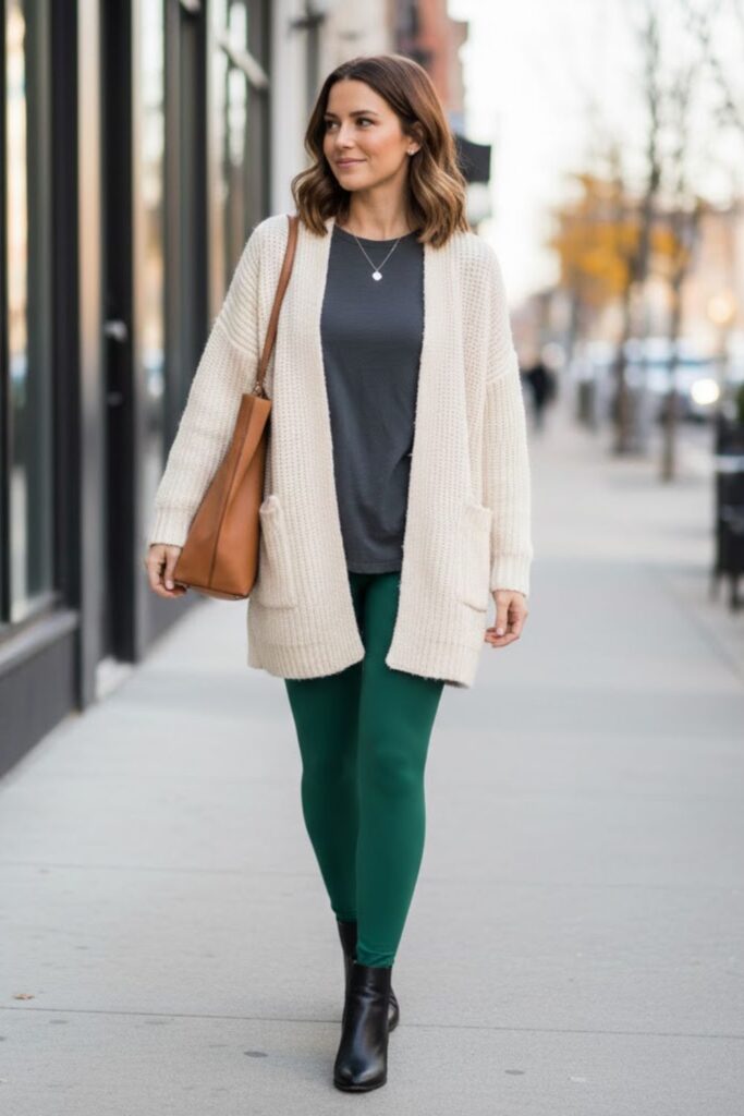 6. green leggings outfit with oversized cardigan and ankle boots