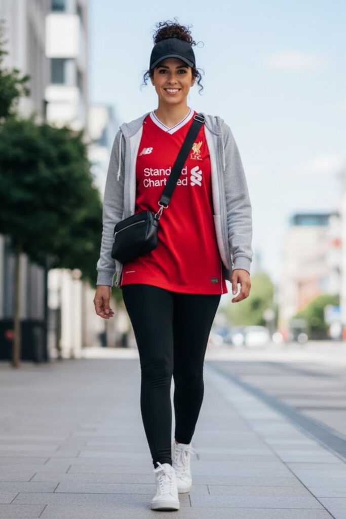 6. liverpool jersey outfit with leggings and high tops