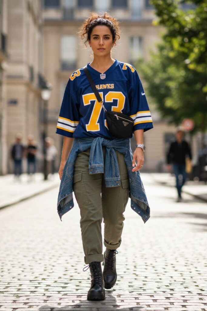 6. sports jersey outfit with cargo pants and boots