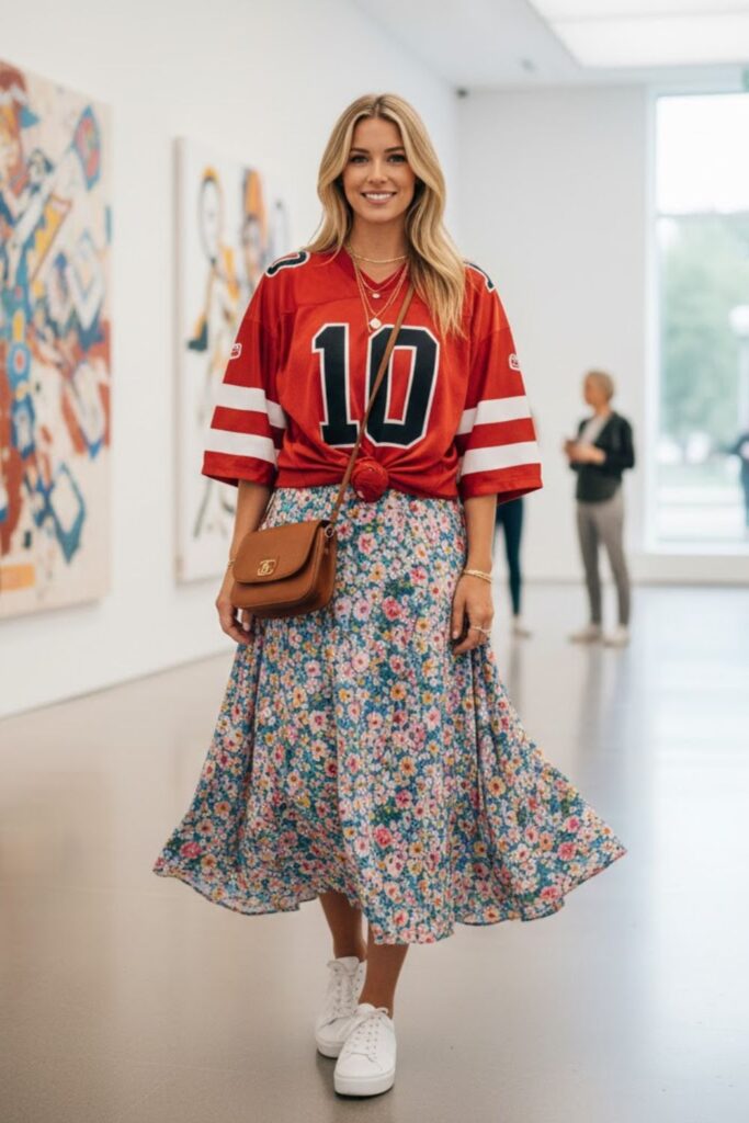 6. vintage jersey outfit with midi skirt and sneakers
