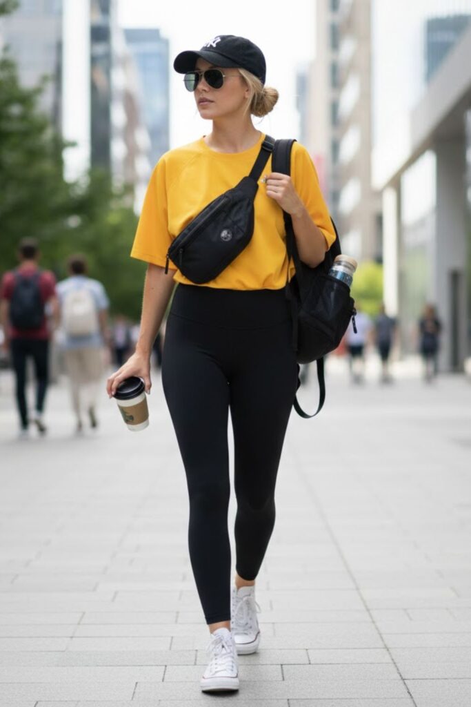 6. yellow jersey outfit with leggings and high‑top sneakers