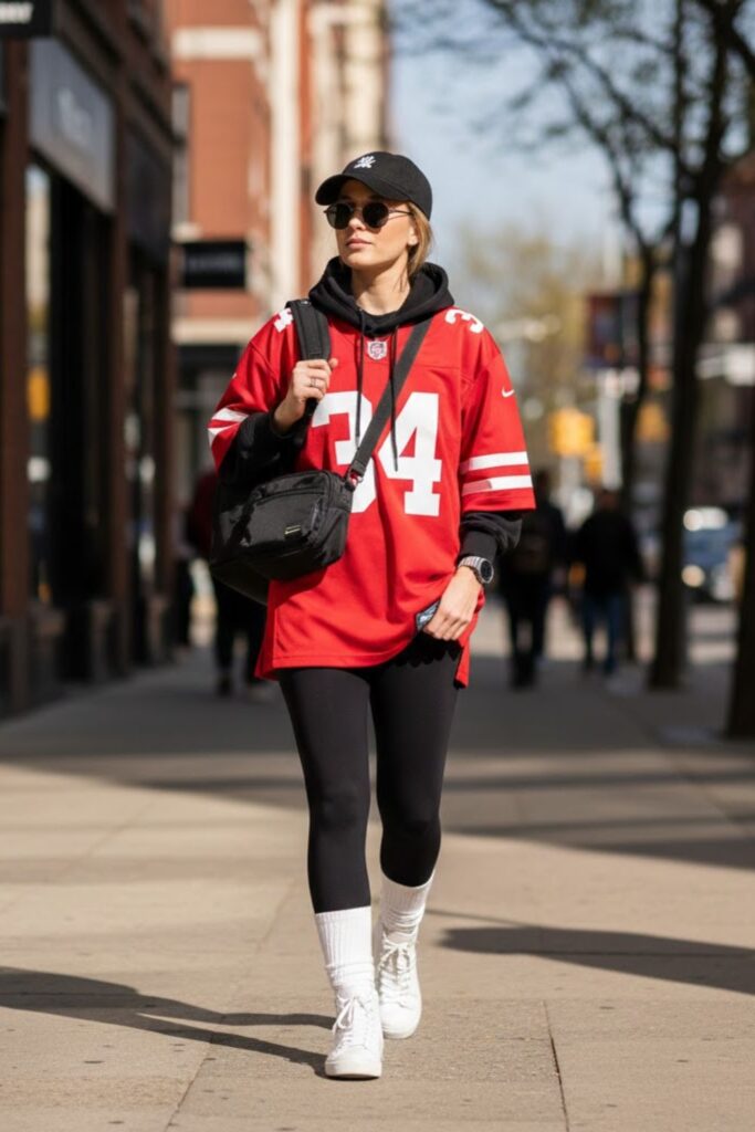 7. sports jersey outfit with oversized hoodie and leggings