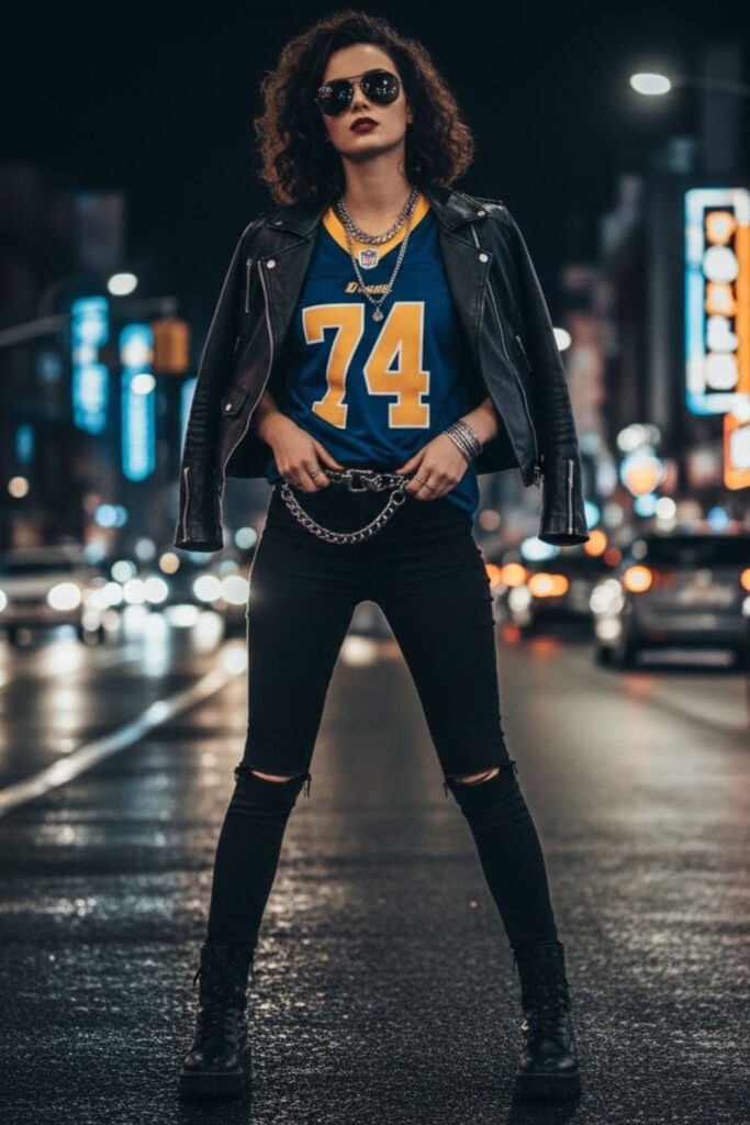 7. vintage jersey outfit with biker jacket and skinny jeans