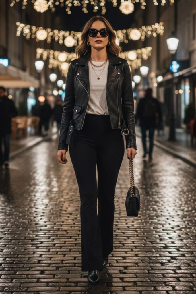8. Black Flared Leggings with Leather Jacket
