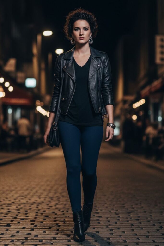 8. Navy Blue Leggings with Black Leather Jacket