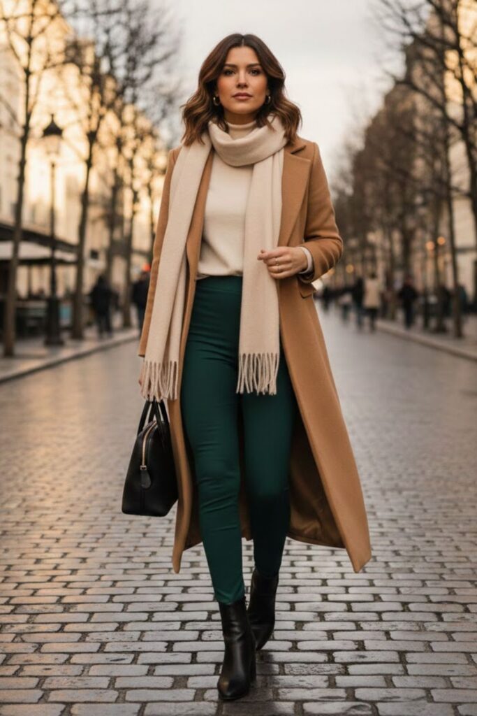 8. green leggings outfit with longline coat and heeled boots