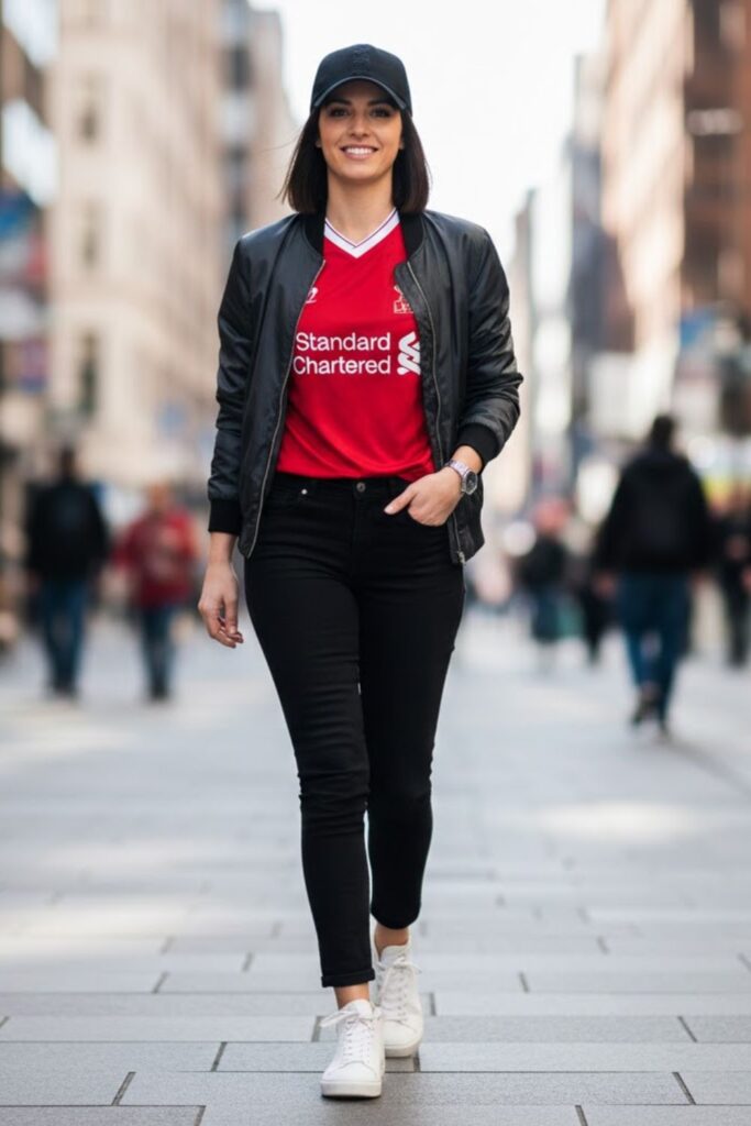 8. liverpool jersey outfit with bomber jacket and black jeans