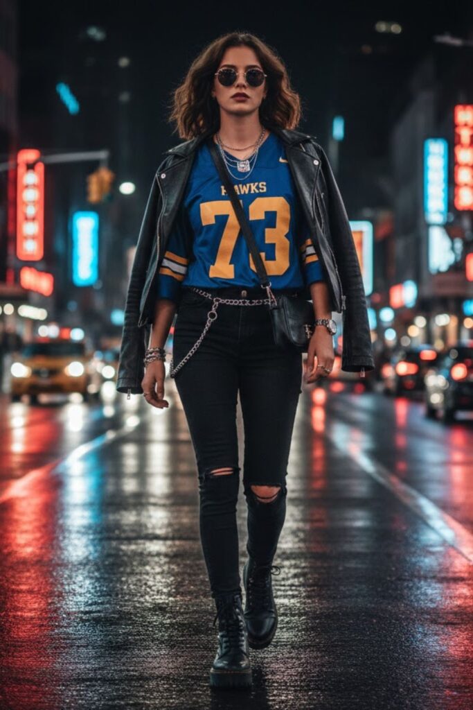 8. sports jersey outfit with biker jacket and jeans