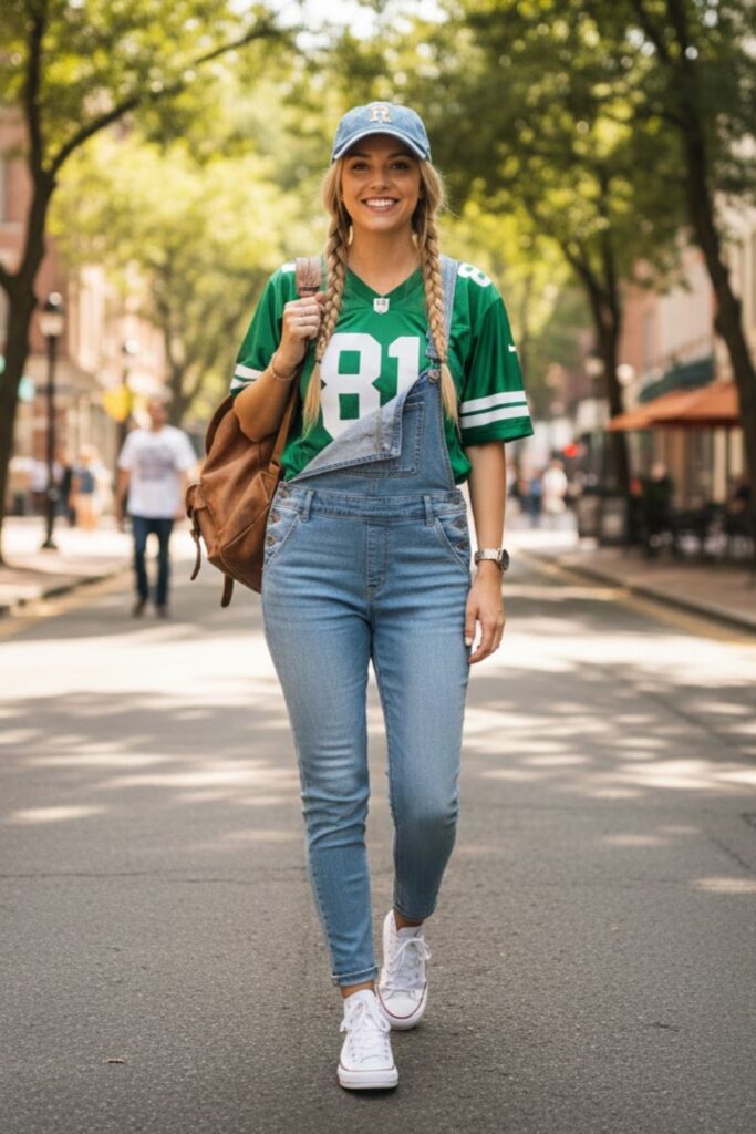 8. vintage jersey outfit with denim overalls