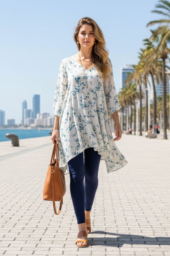 9. Navy Blue Leggings with Tunic Top and Flats