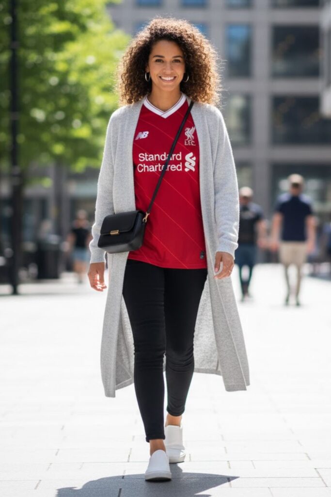 9. liverpool jersey outfit with longline cardigan and leggings