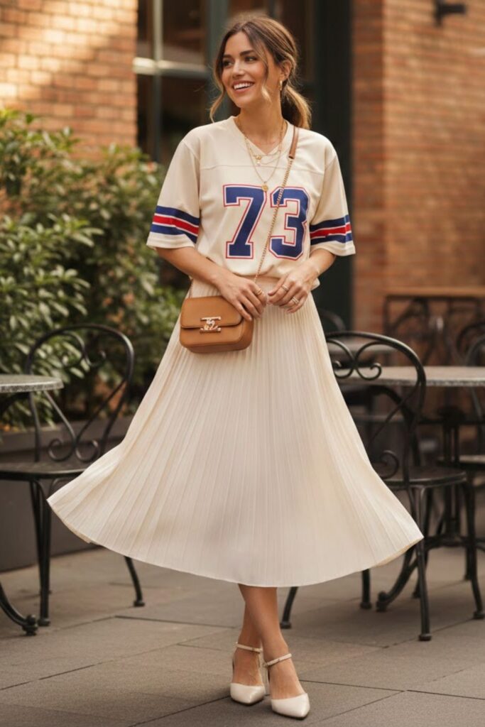 9. sports jersey outfit with pleated skirt and flats