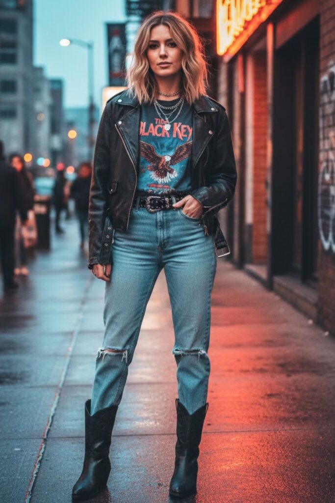 1. Black Boots with Ripped Jeans and a Graphic Tee