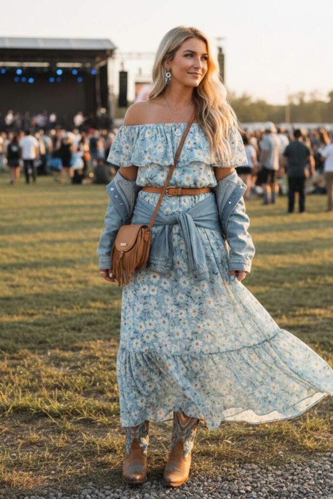 1. Blue Floral Maxi Dress with Cowboy Boots