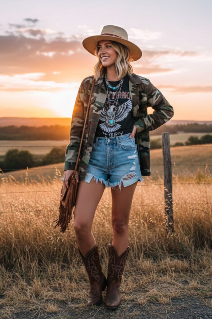 1. Camo Jacket with Denim Shorts